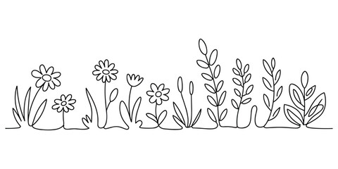 Naklejka premium Continuous line drawing of wildflowers meadow border with various field plants and spring grass
