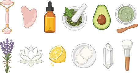 Natural Skincare and Spa Wellness Collection with Jade Roller Essential Oil Herbal Ingredients and Beauty Treatment Accessories Vector Set © Nasima