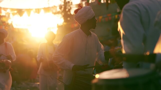 Musicians perform under a golden glow at a vibrant and joyous outdoor street fair