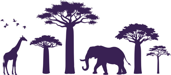 African safari landscape vector illustration with baobab trees, wildlife animals silhouette flat graphic design © MdMajnur