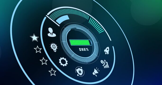 Industrial transformation screen depicting innovation rocket icon for enterprise digital modernization.