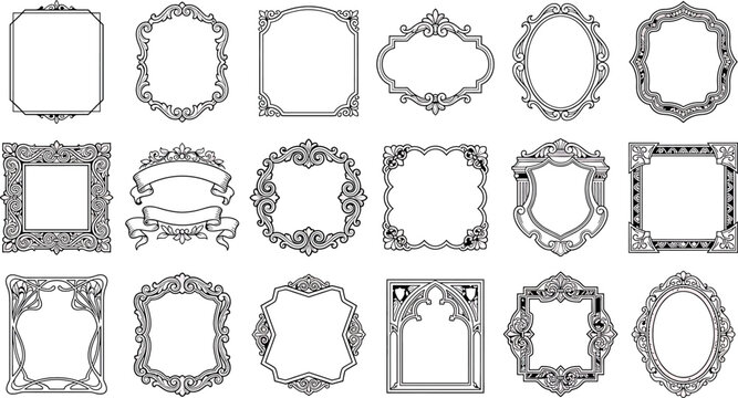 Set of vintage decorative frames and borders, ornate design elements for invitations, certificates, and labels
