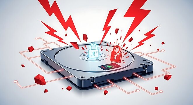 Digital data security threat with hard drive and broken lock icons