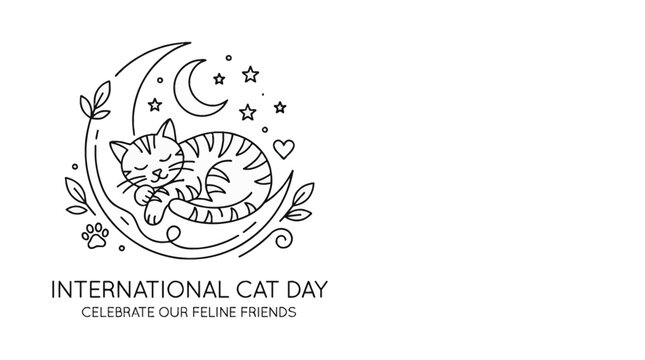 Cute Sleeping Tabby Cat on Crescent Moon for International Cat Day Illustration.