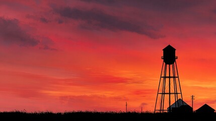 Naklejka premium Silhouette of Water Tower Against Vibrant Sunset Sky.