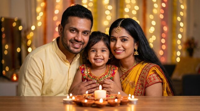 Happy Indian Family Celebrating Diwali with Diyas