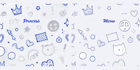 Blue line art pattern featuring crowns cat faces hearts and handwritten text elements illustration vector © Apurba