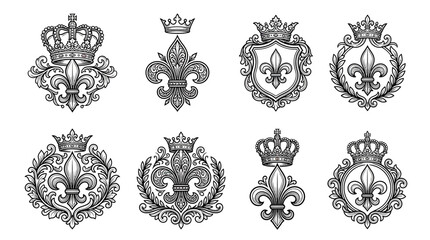 Royal Fleur de Lis Emblems with Crowns - Vintage Heraldic Crests Collection © wati
