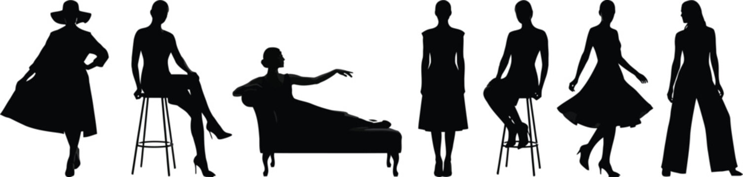 female fashion model silhouette set elegant women in various poses standing and sitting vector graphic element isolated on white background