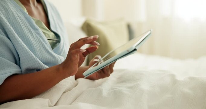 Hands, scroll and person with tablet in bedroom, entertainment and searching for ebook in apartment. Browsing, social media and reader with tech on bed, cozy and relax with digital novel in house