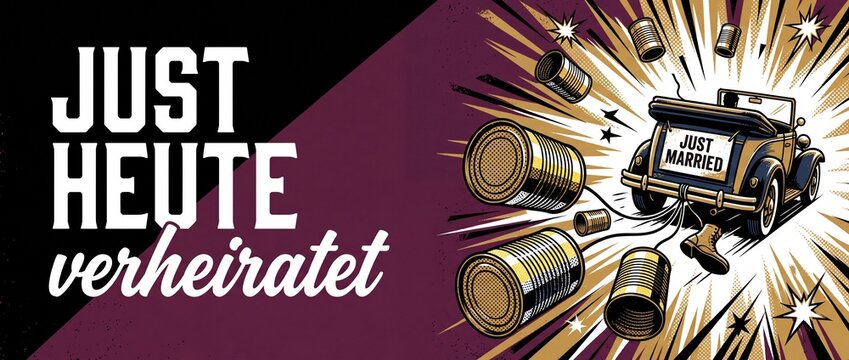 Just married wedding banner vintage car pulling tin cans retro pop art comic style illustration with German text just heute verheiratet horizontal greeting card newlywed celebration background.