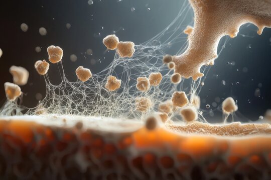 Fungal mycelium network on food surface, close up of mold growth