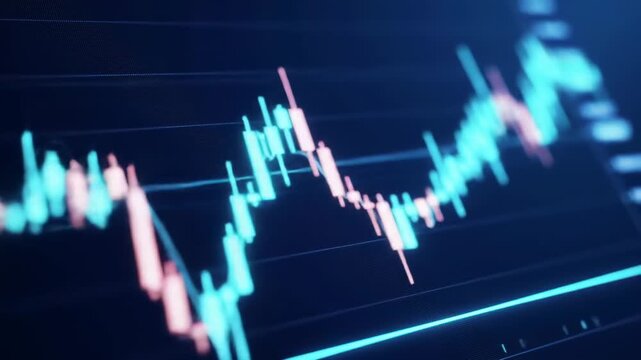 financial stock market chart with red and blue candlesticks showing price trends, data analysis and trading insights