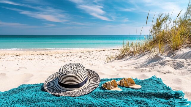 serene beach scene, the ocean meeting a white sand beach under a bright blue sky with sparse clouds. in the foreground, a teal fringed beach towel is laid out on the sand, straw hat and sandals on it