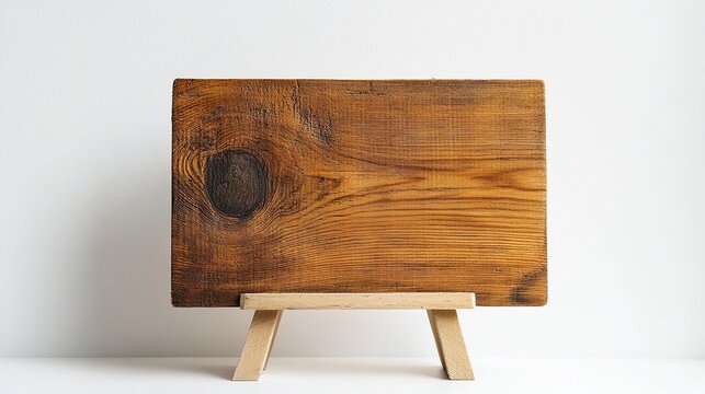 wooden panel with a prominent dark wood knot is displayed on a small wooden stand, wooden board prominent wood grain, simple construction