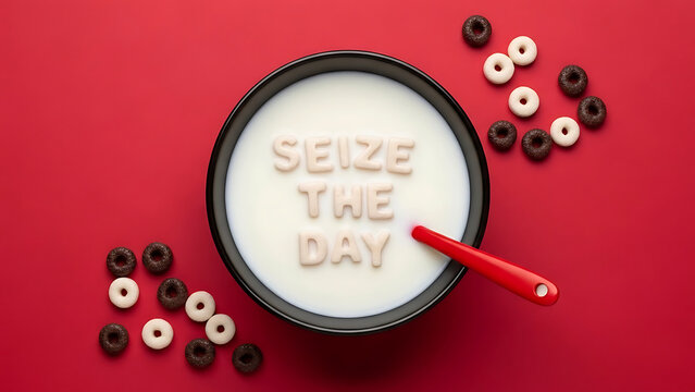 Bowl of milk with cereal letters spelling seize the day on red background with spoon and scattered