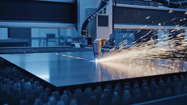 Industrial laser cutting machine precisely cutting metal sheet, creating sparks and glowing lines, modern factory automation