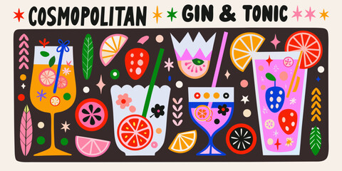Obraz premium Cocktail And Fruit Illustration A Colorful Vector Pattern With Beverage Glasses And Garnishes cosmopolitan gin