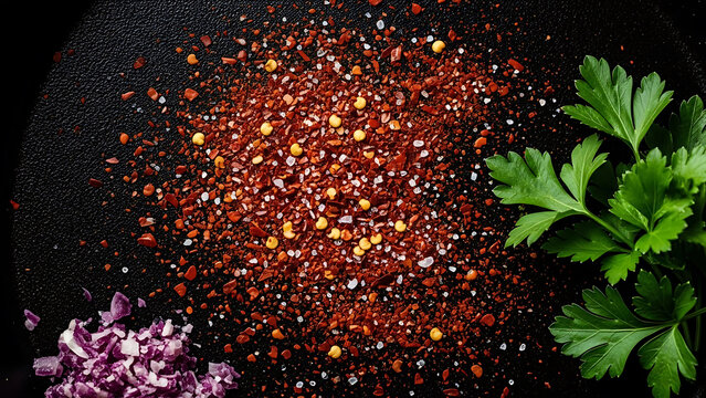 Red chili flakes salt and chopped red onion with parsley on black pepper spice