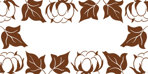 Cotton border element with brown plant leaf and fluffy flower bud. Botanical frame pattern. Minimalist floral line art style. illustration for greeting card, invitation. © Iryna