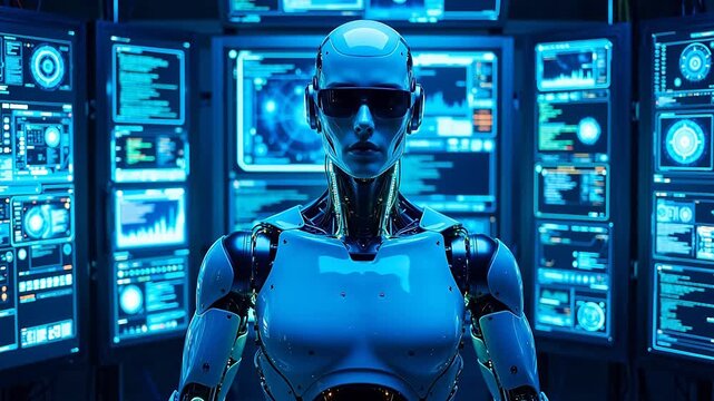 Futuristic robot in hightech control room