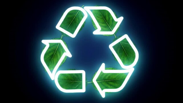 Glowing neon recycle symbol with green leaves inside, abstract motion background, environmental protection concept