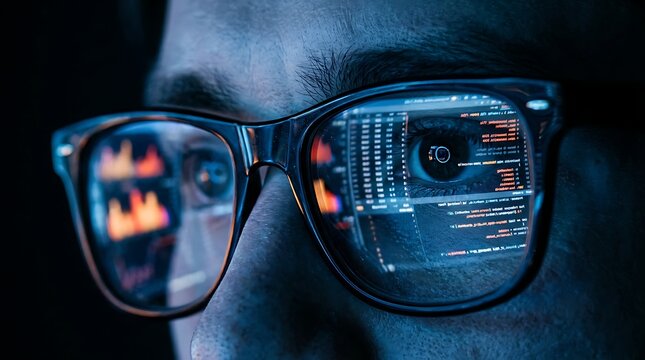 Eye through eyeglasses reflecting computer screens and coding interface