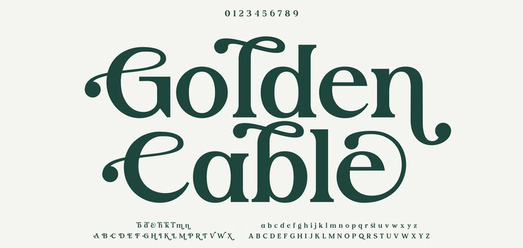 Golden Cable Luxury wedding alphabet letters font with tails. Typography elegant classic serif fonts and number decorative vintage retro concept for logo branding. vector illustration