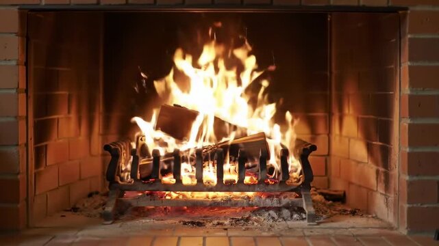 Cozy fireplace with burning logs, warm orange flames dancing in a rustic brick hearth, creating a comforting atmosphere, perfect for winter or holiday themes
