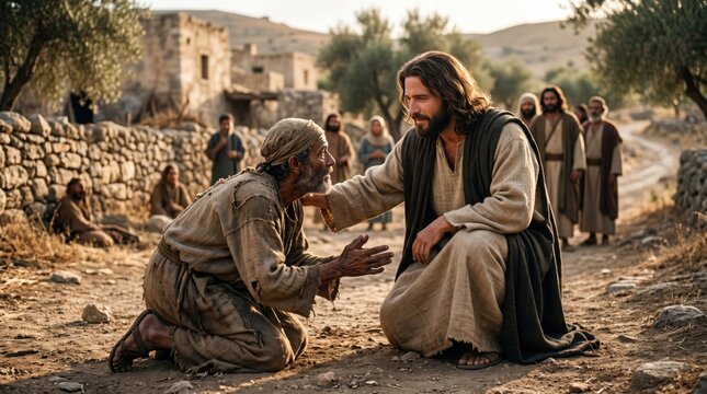 Jesus Christ healing a leper in an ancient village. Biblical scene depicting compassion and miracle. Religious narrative from the Gospel of Matthew about faith, mercy and restoration.
