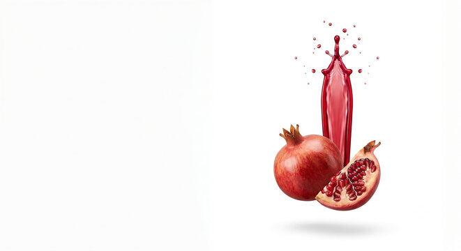 Distant asymmetric shot of pomegranate with a vertical red juice jet stream