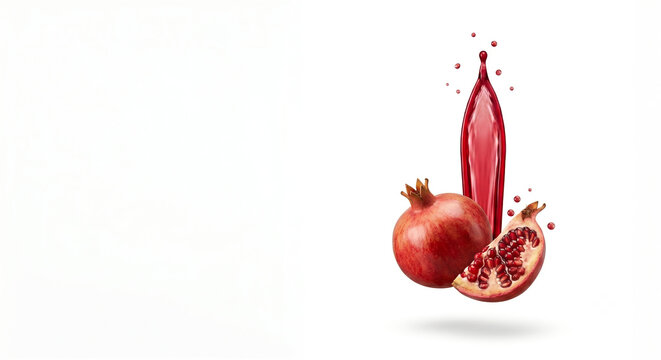 Distant asymmetric shot of pomegranate with a vertical red juice jet stream
