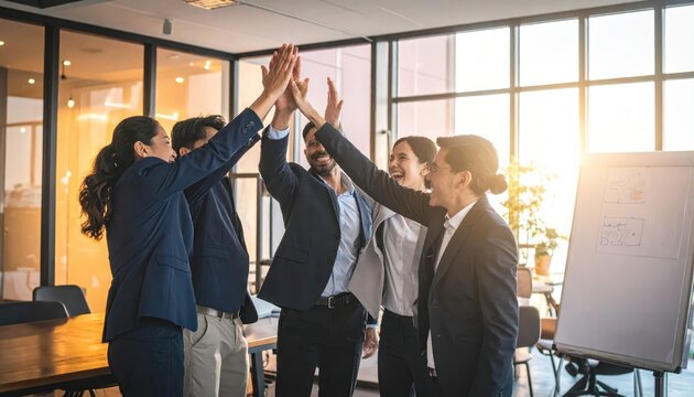 Diverse group of business professionals celebrating project completion with high fives and smiles in an office setting