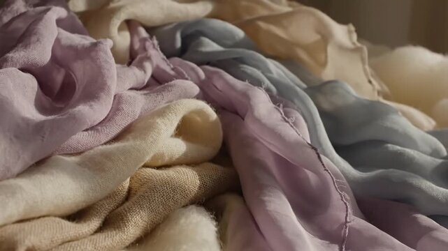 Assorted pastel fabric folds in soft piles.