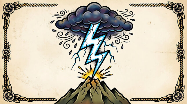 Lightning strike hits volcano boldly under dark stormy weather conditions