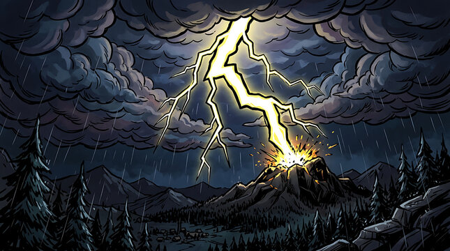 Lightning strikes mountain peak during intense stormy weather at night