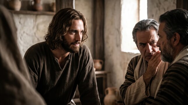Jesus with long brown hair talking to scribes in ancient interior. Biblical scene depicting moral dilemma and religious teaching. Christian faith and spiritual wisdom concept.