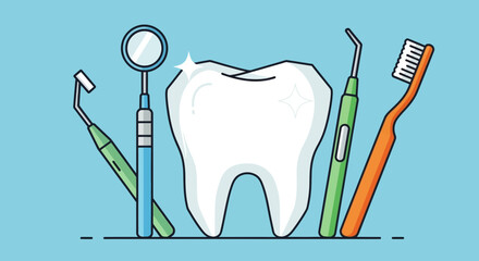 Tooth stands centrally surrounded by various dental tools including a mirror and a toothbrush. © berkah