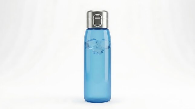 A clear blue plastic water bottle with metal lid and ice cubes inside for a refreshing drink. leak-proof beverage containers