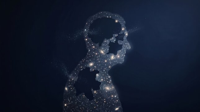 Man silhouette filled with galaxy stars and cosmic dust. Conceptual illustration of human mind and inner peace. Mental health, deep thinking, spirituality and consciousness exploration.