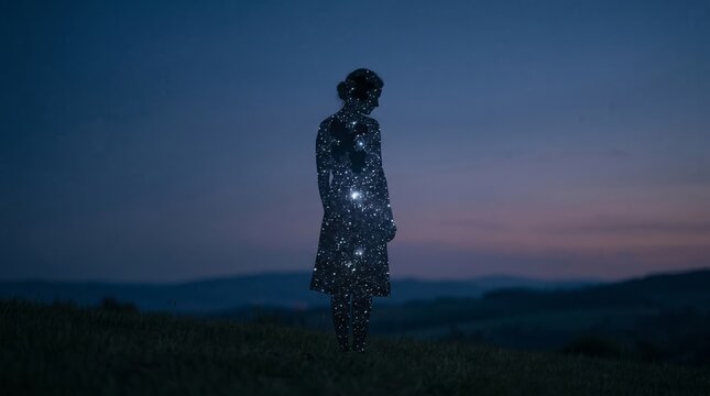 Woman silhouette filled with starry night sky standing in meadow. Concept of connection between human and cosmos. Surreal double exposure art piece reflecting spirituality and mystery.