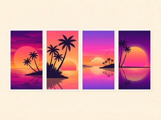 Obraz premium Vibrant tropical sunset illustrations with palm trees