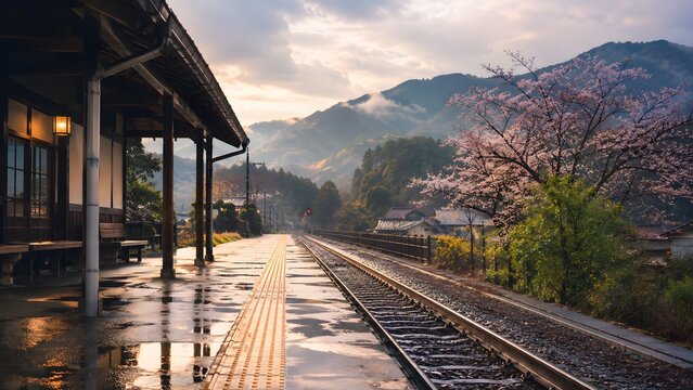 Quiet rural train platform after rain in Japan with reflective tracks