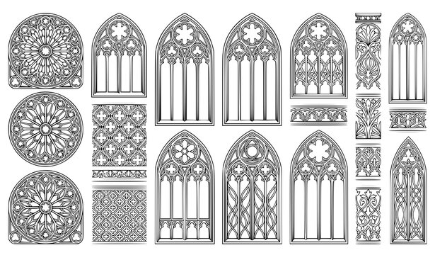 Ornamental gothic cathedral windows and rose patterns architectural vector illustration collection