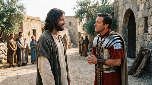 Jesus Christ meeting a Roman centurion in Capernaum. The soldier asks for healing for his servant. Biblical scene from the Gospel of Matthew representing faith, humility, and trust.