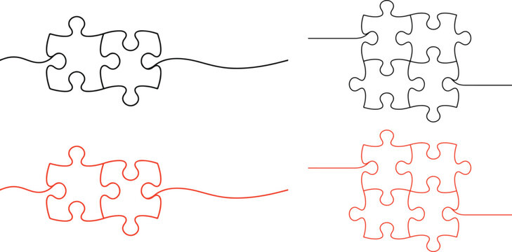 Interlocking puzzle piece line art black and red vector illustration for games and problem solving