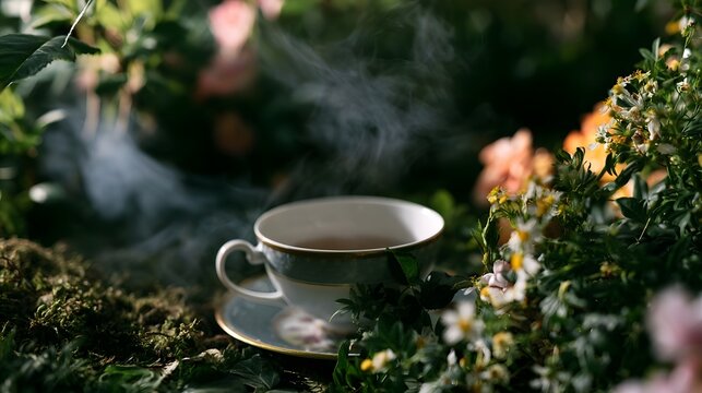 A sleek herbal tea cup enveloped in mystical fog and ethereal light amidst lush greenery evoking a profound sense of wonder