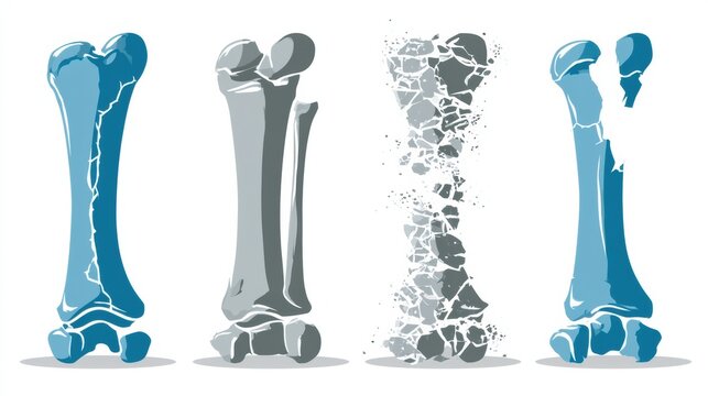 Four silhouettes of bones illustrate different fracture types including hairline crack, clean break, comminuted fragments, and open compound fracture