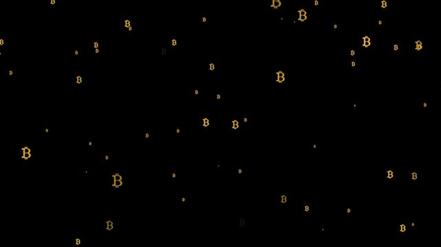 Floating golden bit coin symbols moving across dark background digital asset animation loop showing rising concurrency value trend within modern block chain finance.