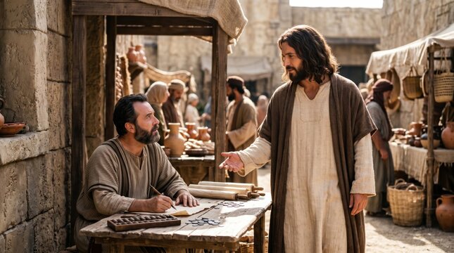 Jesus calls Matthew the tax collector to follow him. Biblical scene of Jesus approaching a man at a customs booth in a Middle Eastern marketplace. Christian faith and conversion concept.